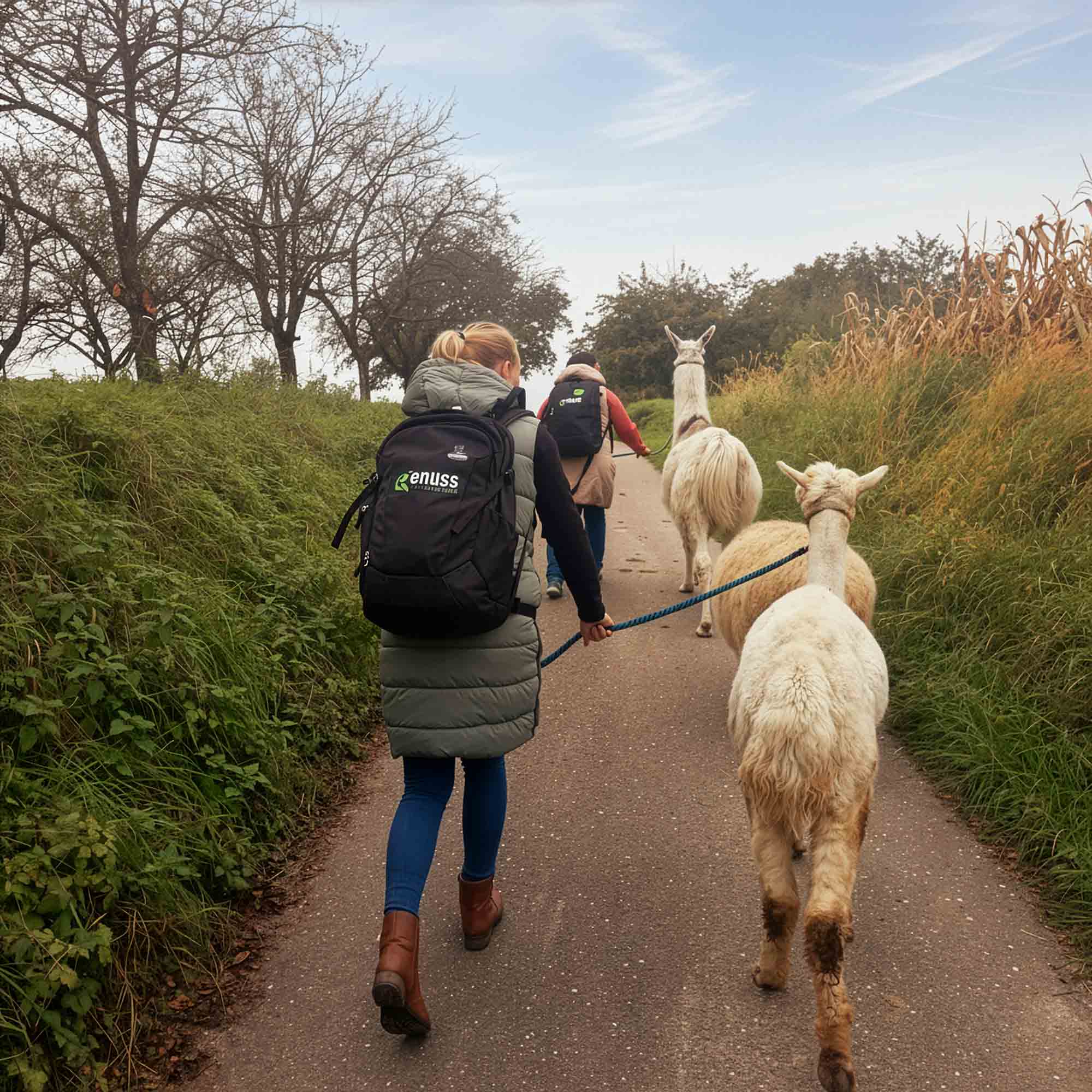 Genussrucksack bei einer Alpakawanderung Ettenheim für einen Ausflug in der Natur rund um Kappel-Grafenhausen.